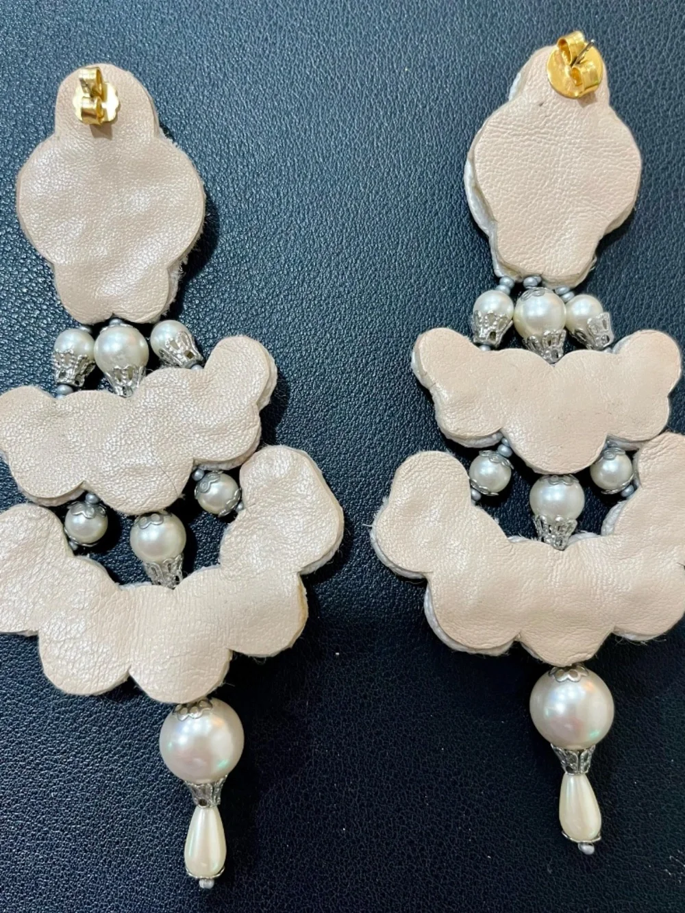 Tory Burch Chandelier Earrings Leather Beaded Ivory Pearl